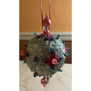 Blue vintage Christmas Ornament Handmade Push Pin light blue & Pink With Cross